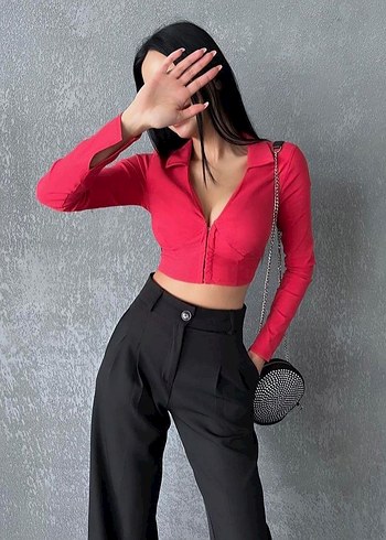 Kırmızı V Yaka Düğmeli Kadın Bluz - Görsel 7