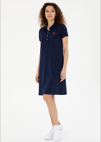 Lacivert Polo Yaka Midi Elbise