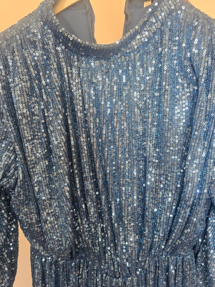 Mavi Parlak tesettür abiye pullu Uzun elbise - Görsel 3