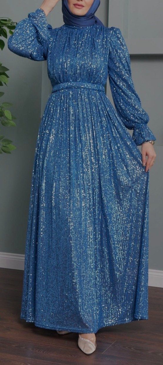 Mavi Parlak tesettür abiye pullu Uzun elbise - Görsel 2