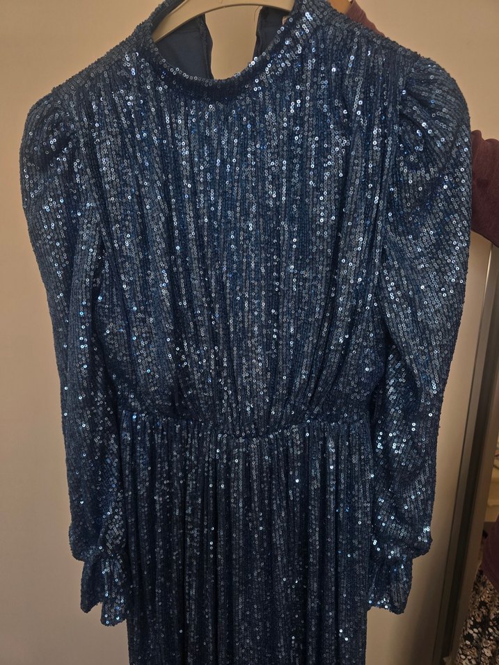 Mavi Parlak tesettür abiye pullu Uzun elbise - Görsel 5