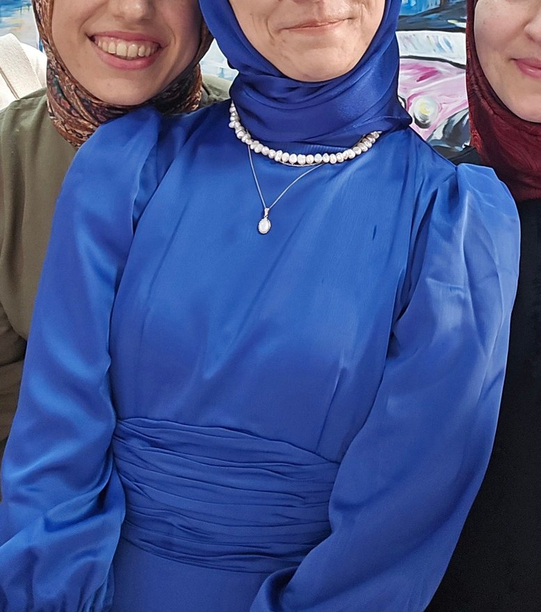 saks Mavi Uzun Kollu Drapeli Kadın Abiye Elbise tesettür saten - Görsel 3