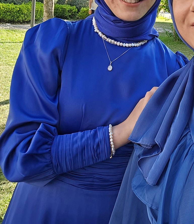 saks Mavi Uzun Kollu Drapeli Kadın Abiye Elbise tesettür saten - Görsel 2