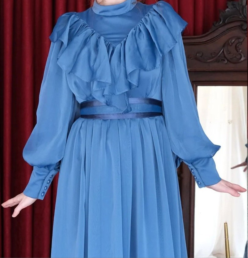 Mavi Vintage Uzun Kollu Uzun Elbise abiye gece elbisesi tesettür - Görsel 2