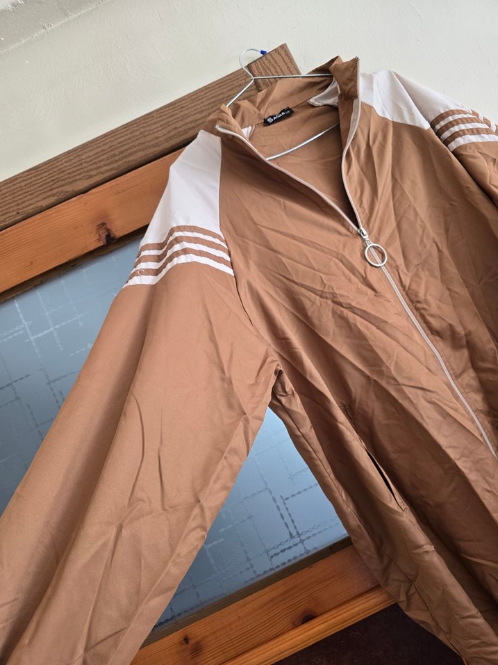 Bej Kadın Fermuarlı Midi eşofman üstü yagmurluk - Görsel 2