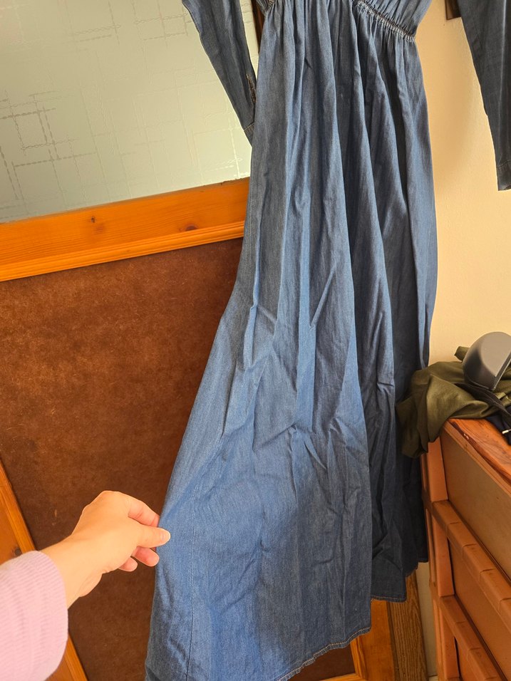 Nakışlı Düğmeli Uzun Lacivert Kot Elbise - Görsel 2