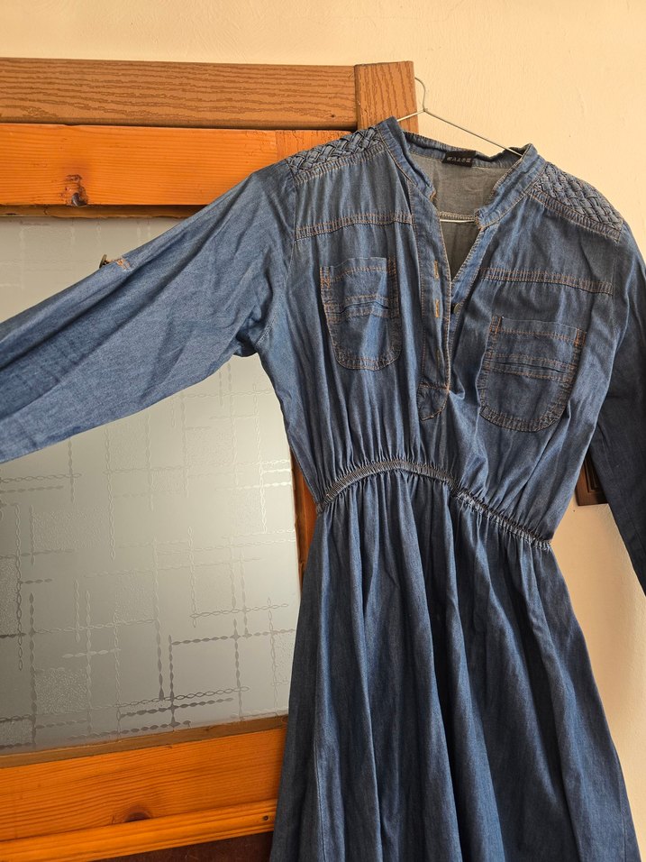 Nakışlı Düğmeli Uzun Lacivert Kot Elbise - Görsel 5