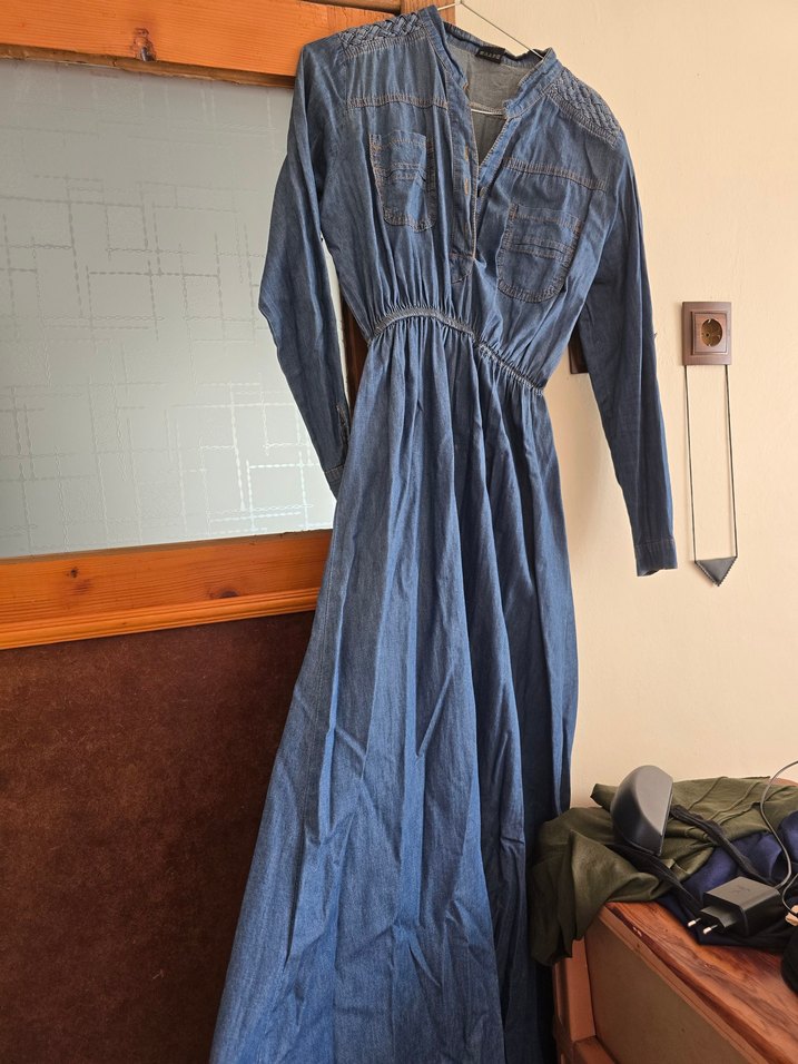 Nakışlı Düğmeli Uzun Lacivert Kot Elbise - Görsel 3