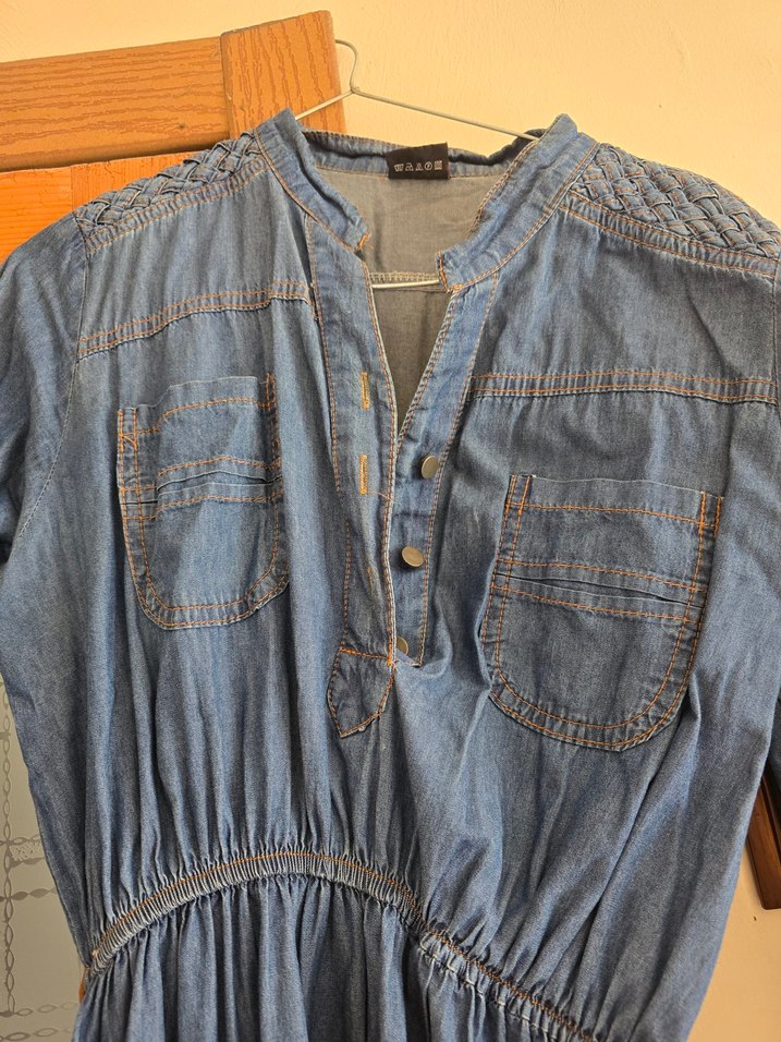 Nakışlı Düğmeli Uzun Lacivert Kot Elbise - Görsel 4