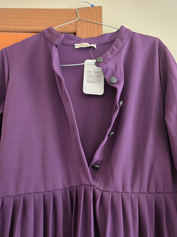 Mor mürdüm Uzun Kollu Düğmeli Kadın Elbise - Görsel 4