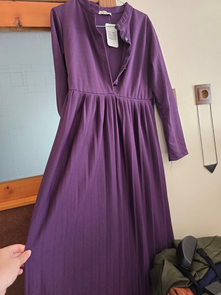 Mor mürdüm Uzun Kollu Düğmeli Kadın Elbise - Görsel 2