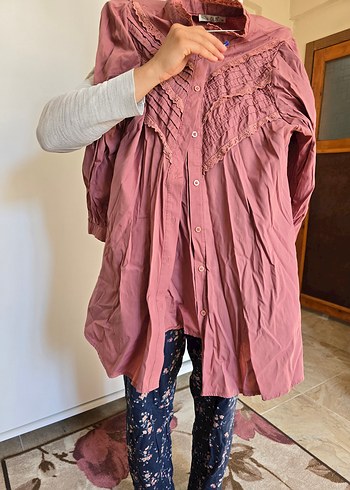 m Beden pembe Renk Pembe Bohem Düğmeli gül kurusu gömlek tunik