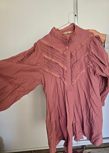Pembe Bohem Düğmeli gül kurusu gömlek tunik