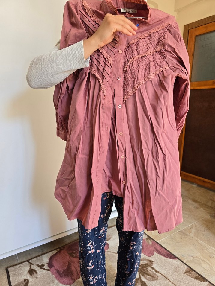 Pembe Bohem Düğmeli gül kurusu gömlek tunik - Görsel 4