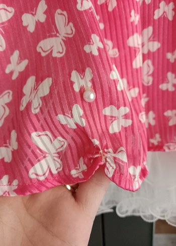 6-9 Ay Beden pembe Renk Pembe Nakışlı Pilili Strappy Hamile Bluzu