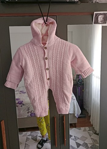 Pembe Örgü Bebek Tulumu Kapüşonlu - Görsel 5