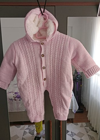Pembe Örgü Bebek Tulumu Kapüşonlu - Görsel 4
