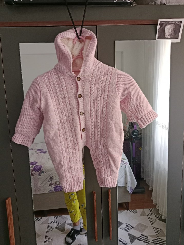 Pembe Örgü Bebek Tulumu Kapüşonlu - Görsel 5