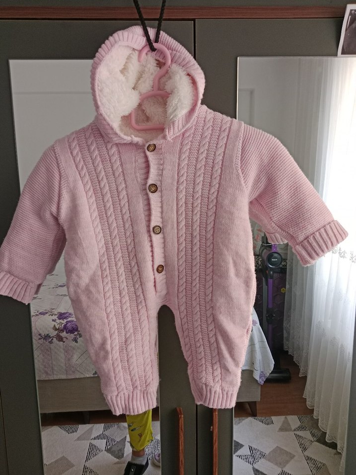 Pembe Örgü Bebek Tulumu Kapüşonlu - Görsel 4