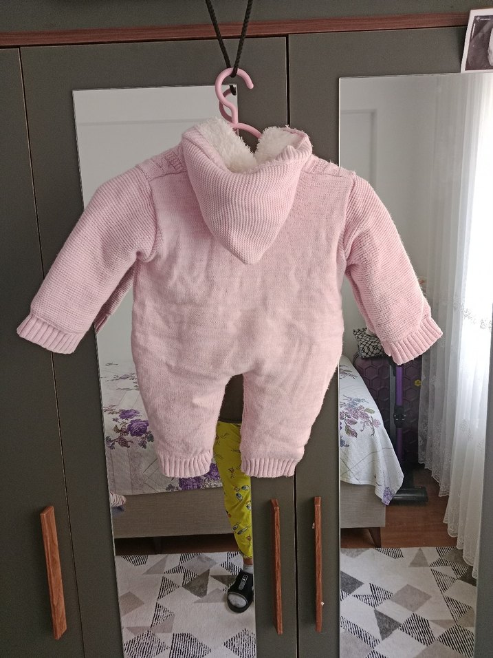 Pembe Örgü Bebek Tulumu Kapüşonlu - Görsel 2