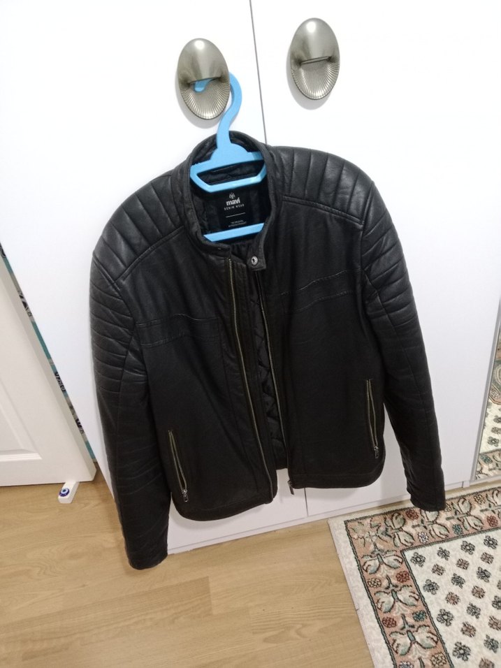 mavi Siyah Deri Biker Ceket - Görsel 5