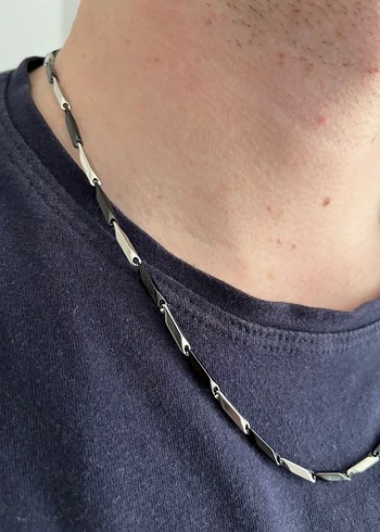 Gümüş - Siyah  Renk Minimalist Erkek Zincir Kolye - Görsel 3