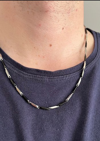 Gümüş - Siyah  Renk Minimalist Erkek Zincir Kolye - Görsel 4