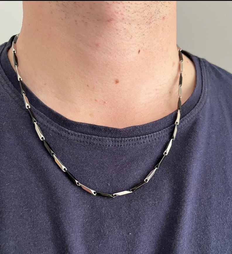 Gümüş - Siyah  Renk Minimalist Erkek Zincir Kolye - Görsel 4