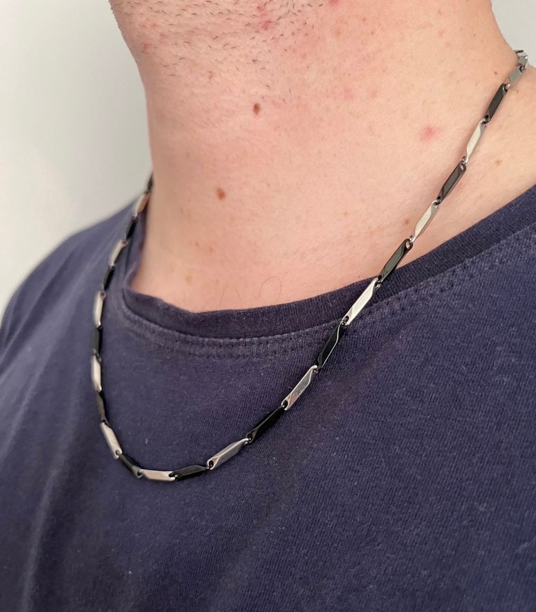 Gümüş - Siyah  Renk Minimalist Erkek Zincir Kolye - Görsel 2