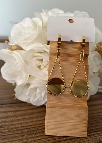 Zincir Detaylı Uzun Altın Renkli 316 L Çelik Çeyrekli Küpe - Görsel 2