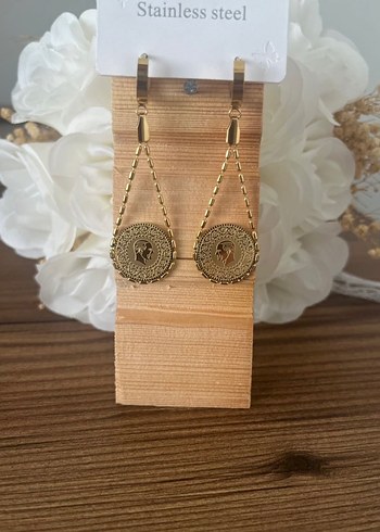 Zincir Detaylı Uzun Altın Renkli 316 L Çelik Çeyrekli Küpe - Görsel 4