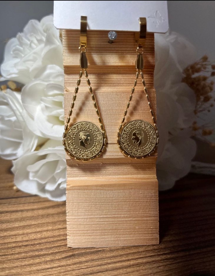 Zincir Detaylı Uzun Altın Renkli 316 L Çelik Çeyrekli Küpe - Görsel 3