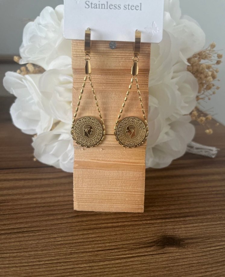 Zincir Detaylı Uzun Altın Renkli 316 L Çelik Çeyrekli Küpe - Görsel 4