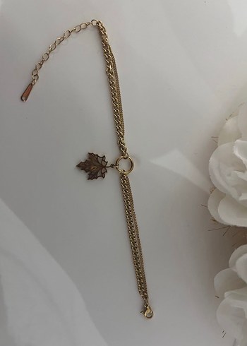 Zincir Detaylı Altın Renkli Yaprak Model Çelik  Bohem Bileklik - Görsel 4