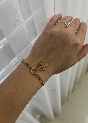 Zincir Detaylı Altın Renkli Yaprak Model Çelik  Bohem Bileklik - Görsel 2