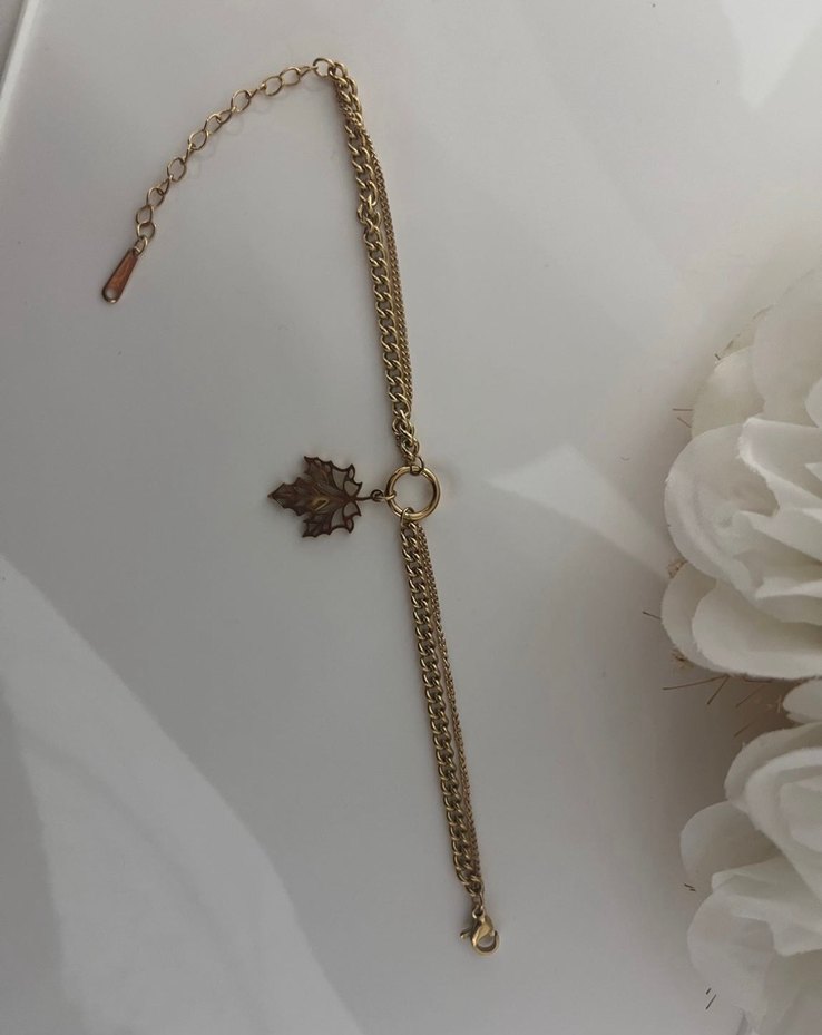 Zincir Detaylı Altın Renkli Yaprak Model Çelik  Bohem Bileklik - Görsel 4