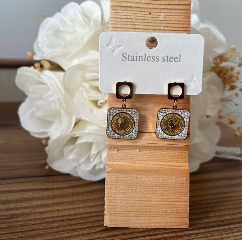 Altın Renkli Kare Model Çelik Çeyrek Altınlı Taşlı Küpe - Görsel 4