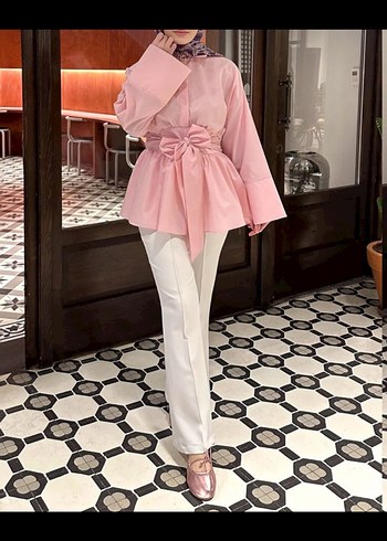 Pembe Kuşaklı Midi Kimono-Gömlek