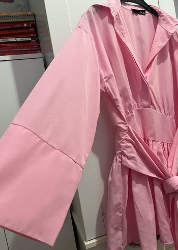 s Beden pembe Renk Pembe Kuşaklı Midi Kimono-Gömlek