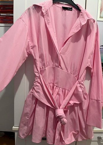 s Beden Pembe Kuşaklı Midi Kimono-Gömlek