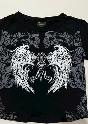 s Beden Melek Kanadı Baskılı Siyah Crop T-shirt