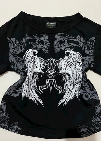 Diğer Melek Kanadı Baskılı Siyah Crop T-shirt