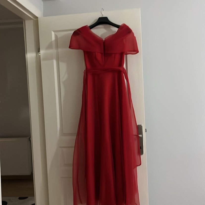 Kırmızı Straplez Midi Kadın Abiye Elbise - Görsel 2