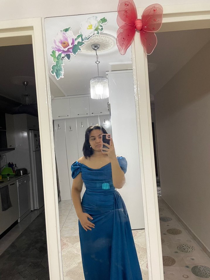 Mavi Straplez saten Abiye Elbise - Görsel 2