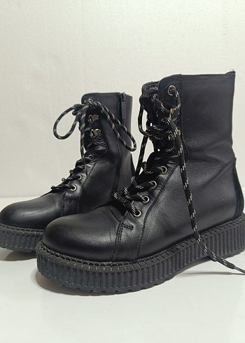 Siyah Deri Platform Topuklu Punk Bot