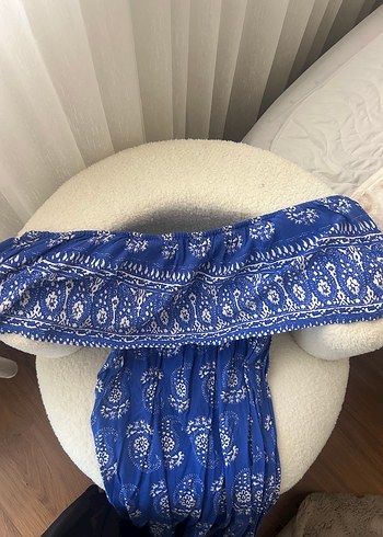 m Beden İndigo Renk Bohem Uzun Drapeli Elbise