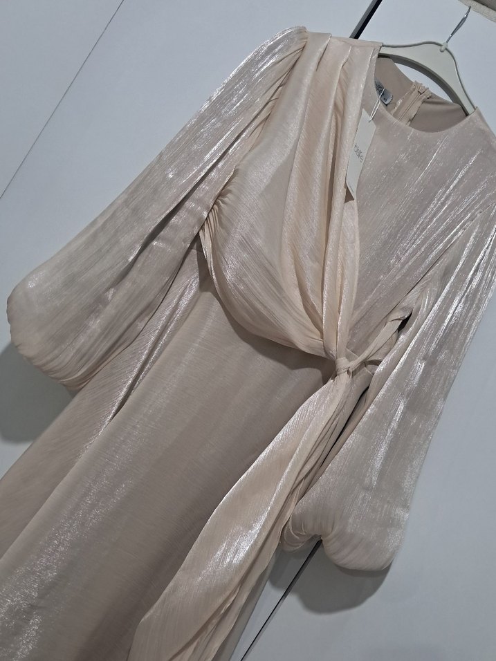 Bej Drapeli Uzun Abiye Elbise - Görsel 2