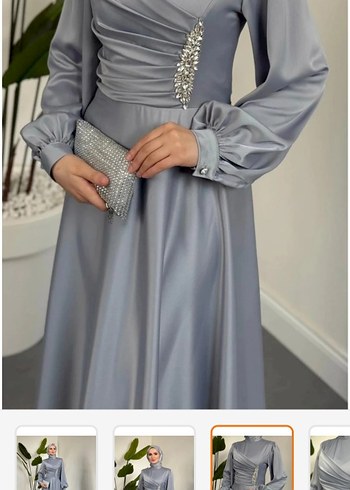 Gri taşlı saten abiye dökümlü şık - Görsel 2