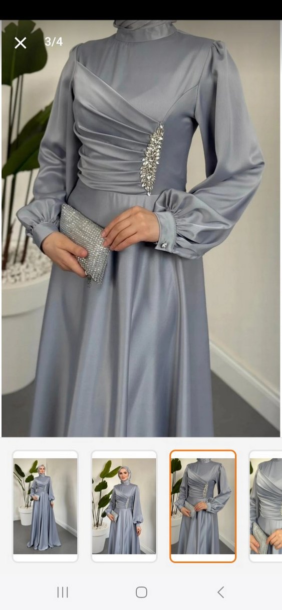 Gri taşlı saten abiye dökümlü şık - Görsel 2