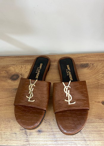 Ysl kadın kahverengi deri görünümlü terlik